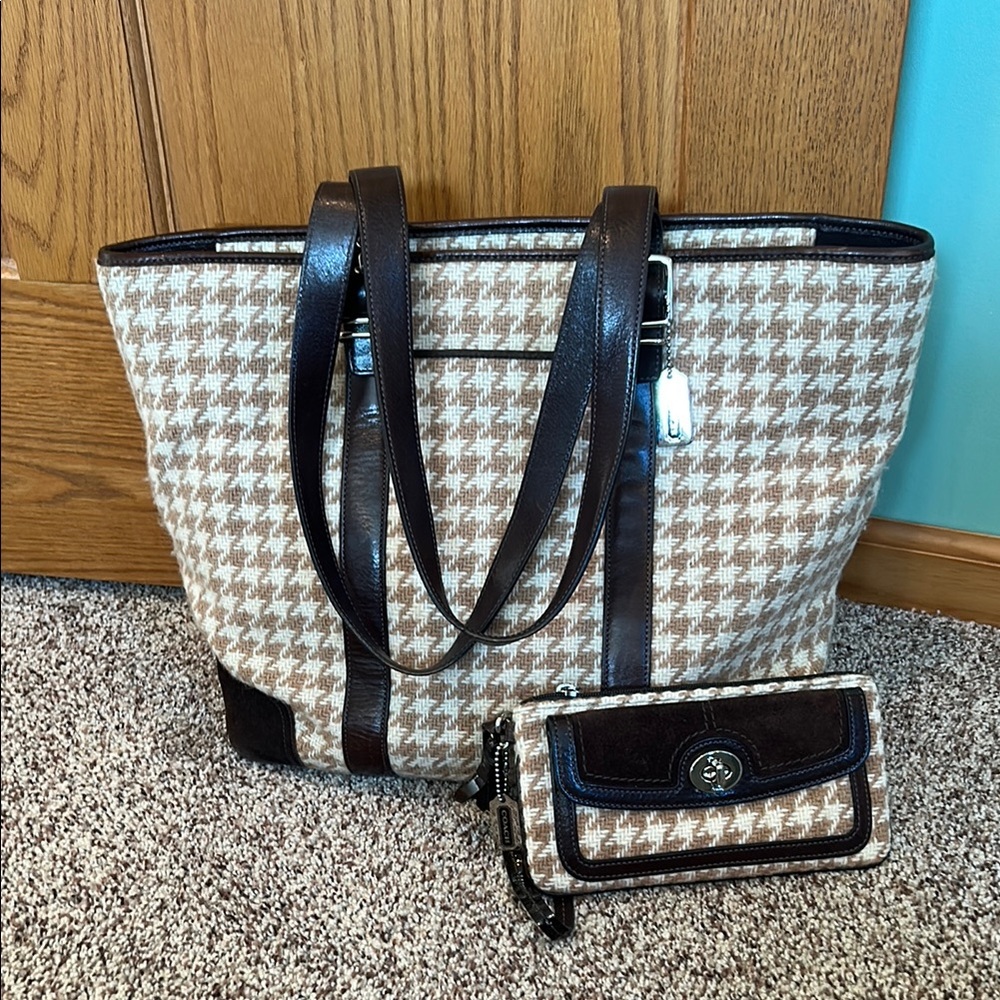 Coach Hampton Houndstooth Tote Bag and Wristlet